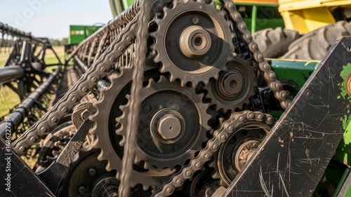 Close-up of intricate gears and chains on agricultural machinery