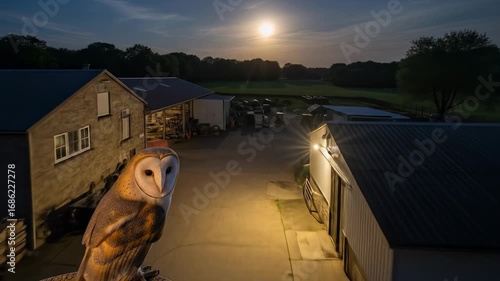Barn Owl at Nightfall: Serene Moonlit Farm Scene