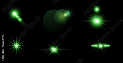 Light green effect reflections, neon illumination in white colors. Bright light lens. Police light effects, lines. Shiny stars, glowing sparks on a black background.
