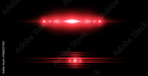Red light effect reflections, neon illumination in red colors. Bright light lens. Police light effects, lines. Shiny stars, glowing sparks on a black background.