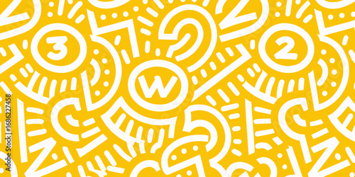 Playful yellow and white abstract pattern featuring numbers and letters in a whimsical design