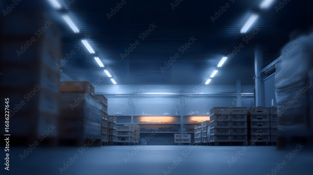 Obraz premium Community food bank distribution room with empty crates, fluorescent overhead glow, muted cold palette
