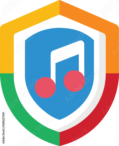Music note inside a shield icon with colorful border