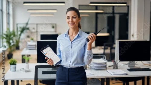Smiling Businesswoman in Modern Office Holding Tablet and Walkie-Talkie