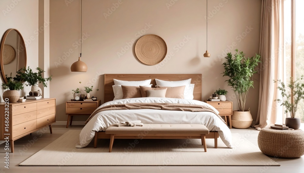 Fototapeta premium Serene Minimalist Bedroom Design: Neutral Tones and Natural Wood