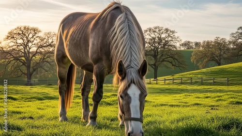 Serene Grazing Horse in a Lush Green Pasture