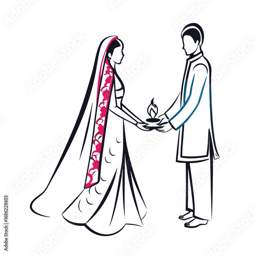 Elegant Illustration of an Indian Wedding Ceremony Depicting Bride and Groom Exchanging a Sacred Flame in Traditional Attire