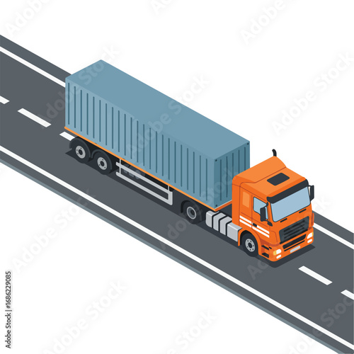 An orange semitruck with a blue cargo container travels on a gray road with white lane markings