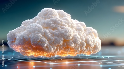 Abstract digital cloud glowing with warm light against a futuristic, blurred background.