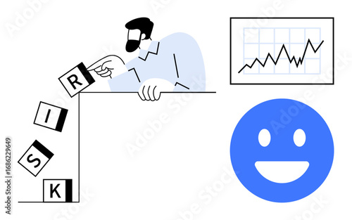 Man rearranging risk blocks for stability, chart showcasing growth metrics, blue happy face symbolizing success. Ideal for risk management, decision making, teamwork, analytics, optimization