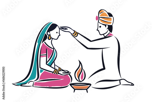 Vibrant Illustration of Hindu Wedding Ceremony Depicting a Groom Performing Ritual on Bride With Sacred Fire Altar Nearby