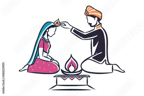 Vibrant Illustration of Hindu Wedding Ceremony Depicting a Groom Performing Ritual on Bride With Sacred Fire Altar Nearby