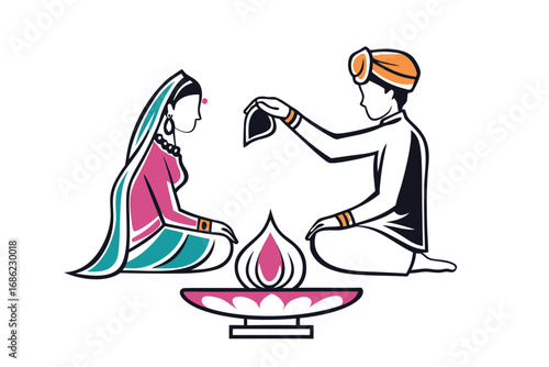 Vibrant Illustration of Hindu Wedding Ceremony Depicting a Groom Performing Ritual on Bride With Sacred Fire Altar Nearby