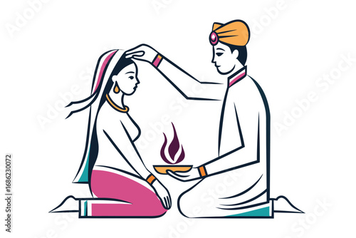 Vibrant Illustration of Hindu Wedding Ceremony Depicting a Groom Performing Ritual on Bride With Sacred Fire Altar Nearby