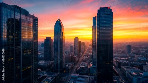 Stunning aerial view of the Downtown Dallas skyline at sunset with vibrant colors and modern