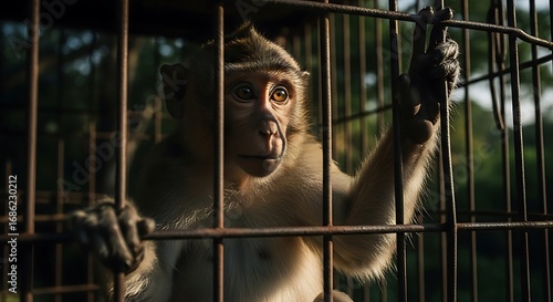 Caged Primate: Captive Monkey in Metal Enclosure