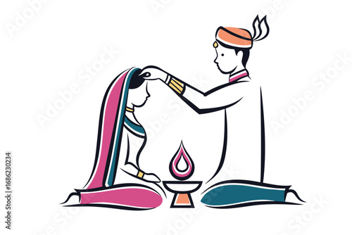 Elegant Illustration of Traditional Indian Wedding Ceremony Featuring Bride and Groom with Flame Element Symbolizing Eternal Bond