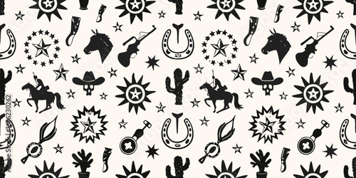 Whimsical western pattern featuring cowboys horses cacti horseshoes and guns