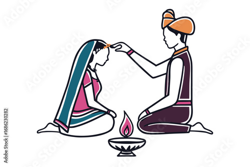 Vibrant Illustration of Hindu Wedding Ceremony Depicting a Groom Performing Ritual on Bride With Sacred Fire Altar Nearby