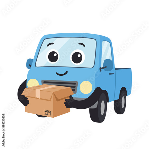 Blue cartoon pickup truck with black wheels and arms holding a brown cardboard box smiling