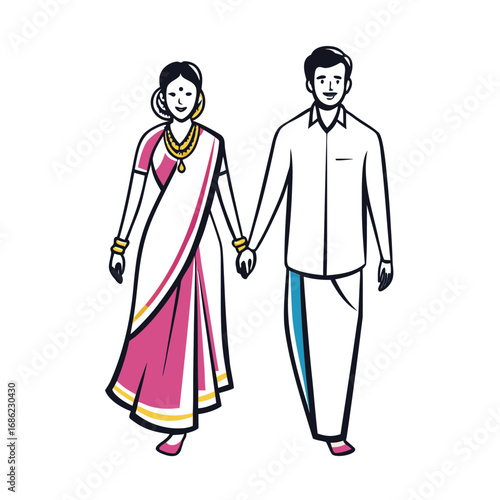 Whimsical Indian Couple Holding Hands Traditional Attire A Colorful and Joyful Depiction Celebrating Togetherness and Cultural Pride