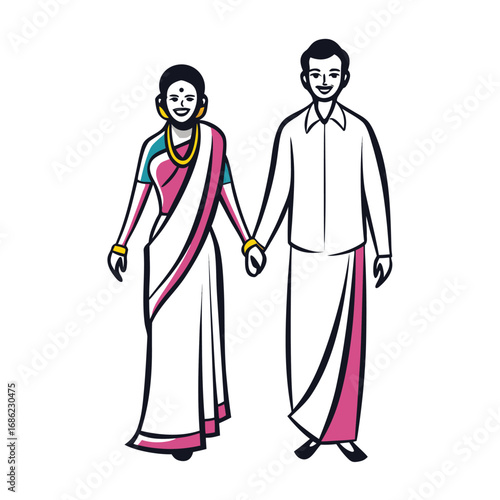 Whimsical Indian Couple Holding Hands Traditional Attire A Colorful and Joyful Depiction Celebrating Togetherness and Cultural Pride