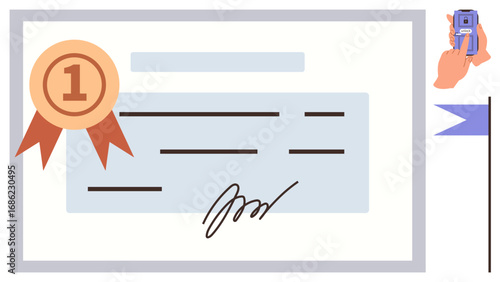 Certificate with a number one ribbon, handwritten signature, and stamping hand for approval. Ideal for education, achievement, certification, success, recognition, official validation or award