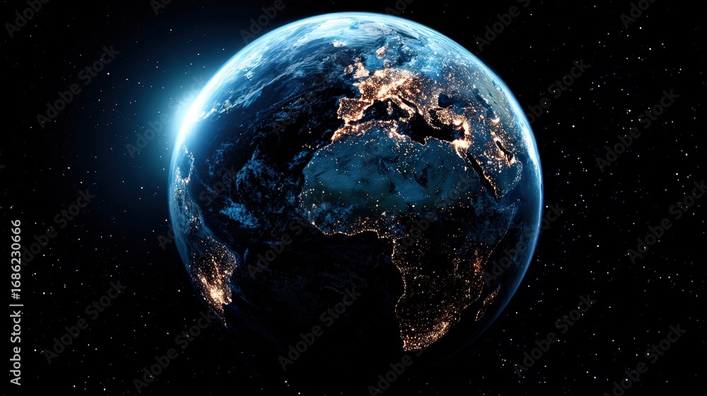 Naklejka premium Highly detailed view of planet Earth from space showcasing illuminated continents and dark oceans in a vibrant cosmic setting