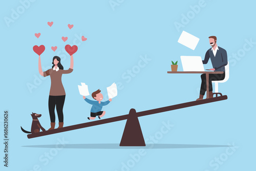 Balancing family life and work with a seesaw representing work life balance and family time