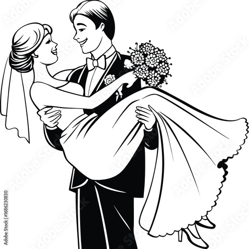 Elegant Wedding Illustration Bride Carried by Groom a Timeless Representation of Love Commitment and Celebration in Beautiful Black and White