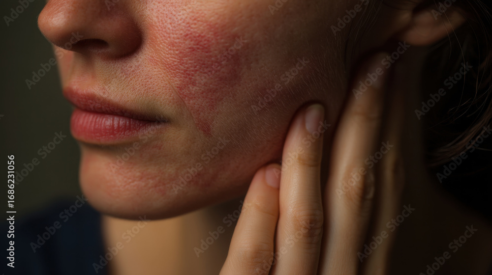Obraz premium Skin condition close up woman facial redness touch sensitivity beauty health skincare natural light portrait emotional expression texture blemish dermatology care wellness lifestyle hands profile