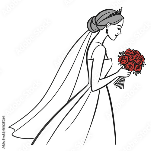 bride with bouquet line art vector illustration