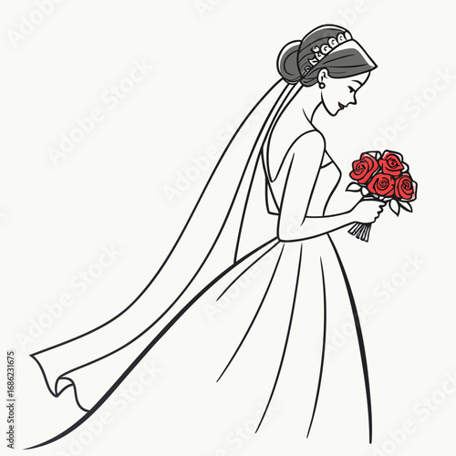 Elegant Bride with Red Rose Bouquet Beautiful Bridal Illustration of a Woman in Wedding Dress