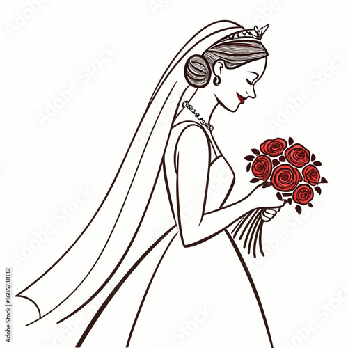 Elegant Bride with Red Rose Bouquet Beautiful Bridal Illustration of a Woman in Wedding Dress