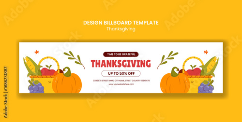 Happy Thanksgiving Day Billboard Template with Cartoon Hand-Drawn Background Illustration