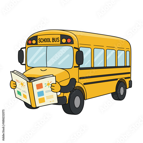 Cartoon yellow school bus with arms is reading a colorful book
