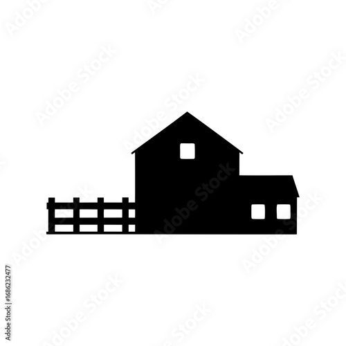 Monochrome silhouette of a rural house with fence in a simple design