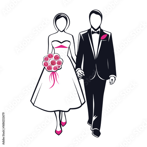 Elegant Wedding Couple Illustration Bride in Gown and Groom in Tuxedo Walking Hand in Hand Ready to Celebrate
