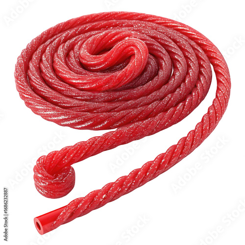 A close up view of a coiled red licorice rope on a black background on transparent background