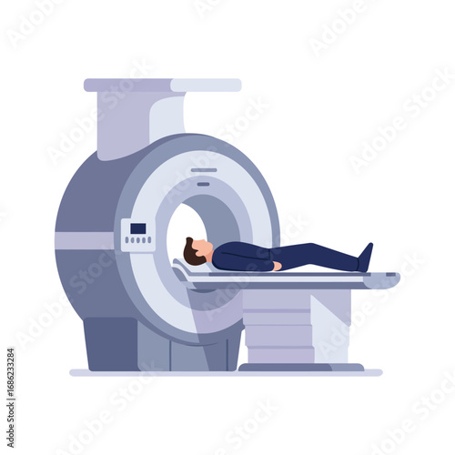 Illustration of a person undergoing an MRI scan inside a medical imaging machine for diagnostic purposes.