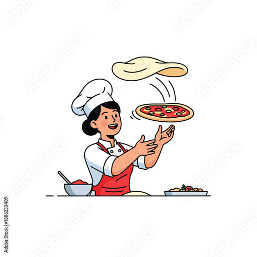 A smiling chef in a white hat and red apron is expertly tossing a pizza in the air.