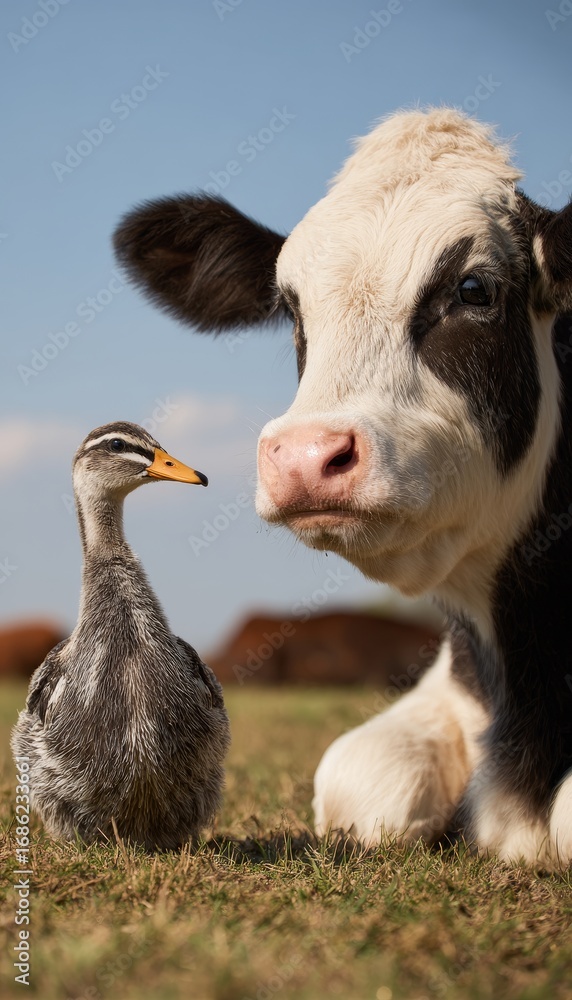 Fototapeta premium Black and White Cow with Curious Bird Under Soft Sunlight Vertical Background