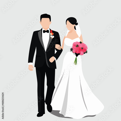 Elegant Wedding Day Illustration A Stylish Couple Joining Hands and a Beautiful Bride with a Bouquet