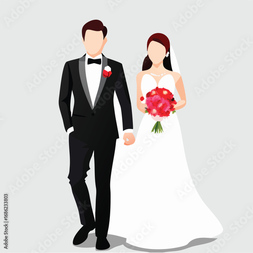 Elegant Wedding Day Illustration A Stylish Couple Joining Hands and a Beautiful Bride with a Bouquet