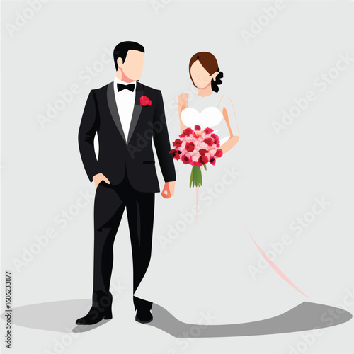 Elegant Wedding Day Illustration A Stylish Couple Joining Hands and a Beautiful Bride with a Bouquet