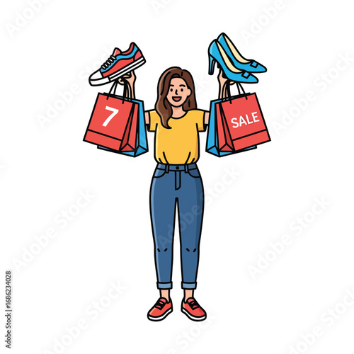 A happy woman holding shopping bags with shoes, cartoon illustration.