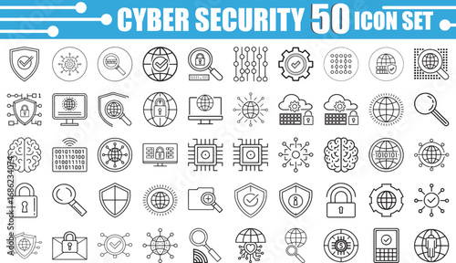 Cyber Security Icon Set – 50 Thin Line Vector Icons for Data Protection, Privacy, Firewall, Encryption, Internet Safety, Secure Network & Hacking Protection