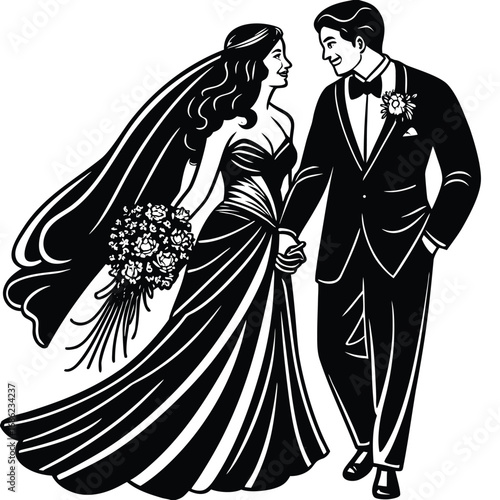 Elegant Monochrome Wedding Artistry Bride and Groom Embracing in Timeless Romance and Celebration of Love and Commitment