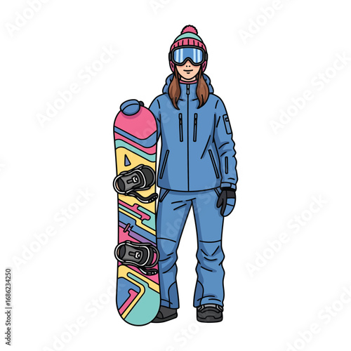 Cartoon illustration of a female snowboarder in blue winter clothing holding a colorful snowboard, ready for winter sports.