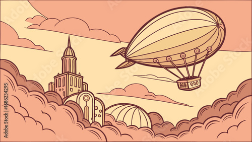 Vintage airship illustration flying over city buildings in clouds concept art design style